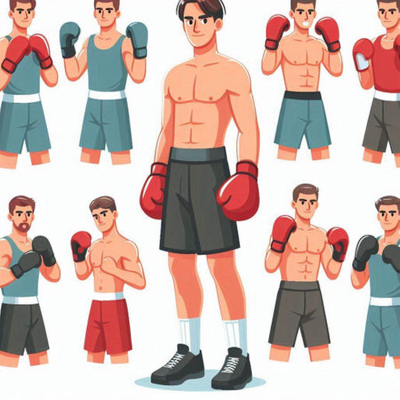 Cartoon boxer seamless pattern. Vector illustration of boxer characters in different poses.のイラスト素材