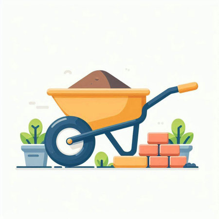 Wheelbarrow with soil and bricks. Flat style vector illustration.のイラスト素材