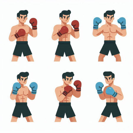 Boxer in different poses. Flat vector illustration isolated on white background.のイラスト素材