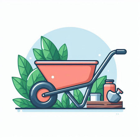 Garden wheelbarrow and watering can. Flat vector illustration.のイラスト素材