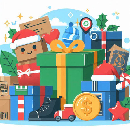 Christmas and New Year flat vector illustration. Cartoon Santa Claus with gifts, presents and toys.のイラスト素材