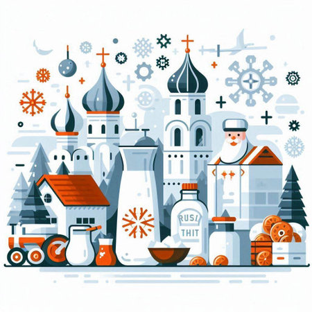 Russian orthodox christmas symbols. Colorful vector illustration in flat styleのイラスト素材