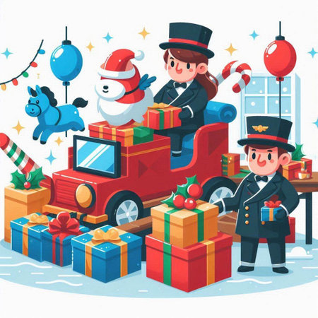 Christmas and New Year vector illustration. Cute cartoon kids in Santa Claus costume with presents on the roof of the car.のイラスト素材