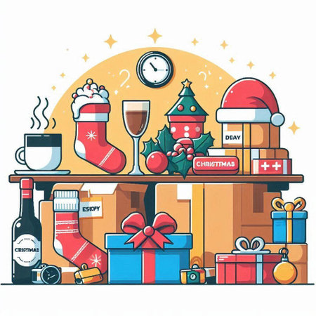 Vector illustration of christmas gifts, presents, socks and santa claus hat.のイラスト素材