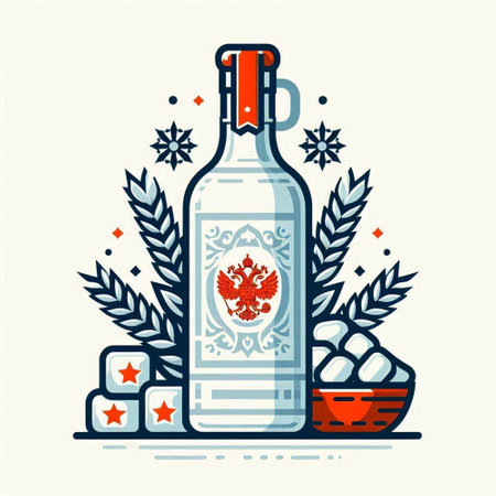 Vector illustration of a bottle of vodka, ice cubes and Christmas wreath.vector, icon, symbol, design, illustration, graphic, set, abstract, line, elementのイラスト素材