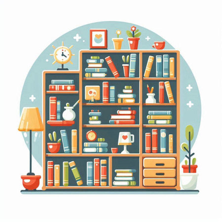Bookshelf with books and decorations. Vector illustration in flat styleのイラスト素材