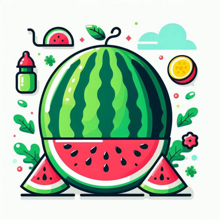 Vector illustration of watermelon on white background. Flat style design.のイラスト素材