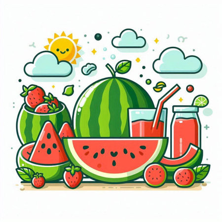 Vector illustration of watermelon juice in glass with fresh fruits and berries.のイラスト素材