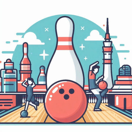 Vector illustration of bowling alley with pins and bowling ball. Flat style design for web, site, advertising, banner, poster, board and print.のイラスト素材
