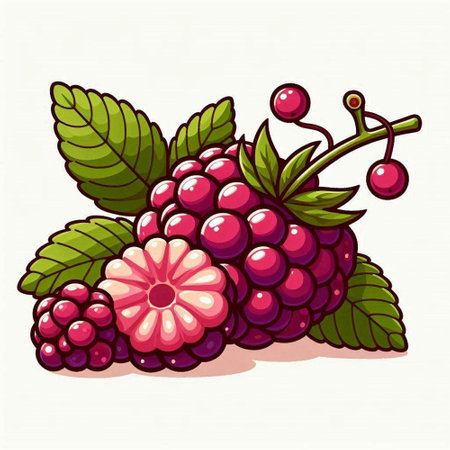 Illustration of a raspberry with leaves and berries on a white backgroundのイラスト素材