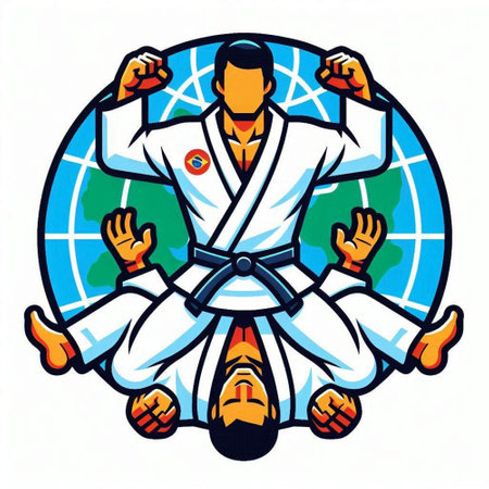 Illustration of a karate man with hands up set inside circle done in retro style.のイラスト素材