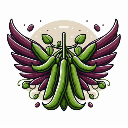 Illustration of green peas with wings and seeds on a white backgroundのイラスト素材