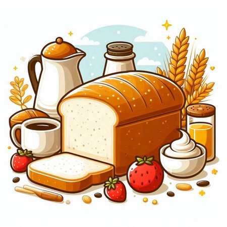 Bread and breakfast. Vector illustration of a set of bakery products.のイラスト素材