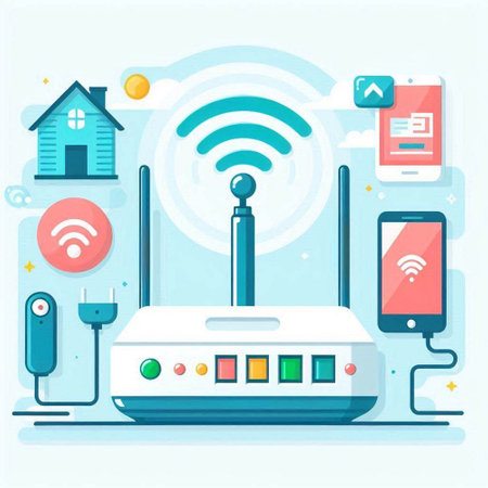 Wifi router and smart home concept. Vector illustration in flat styleのイラスト素材
