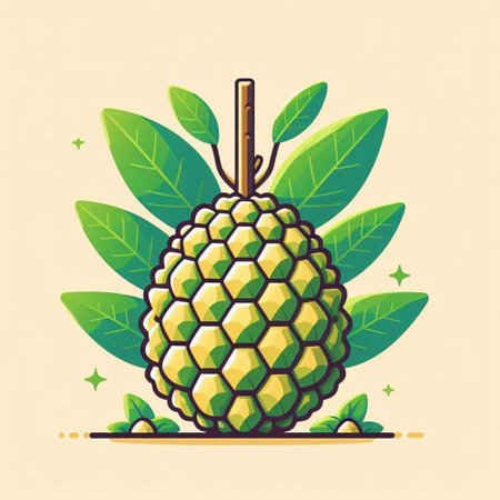 Custard apple with green leaves. Vector illustration in flat styleのイラスト素材