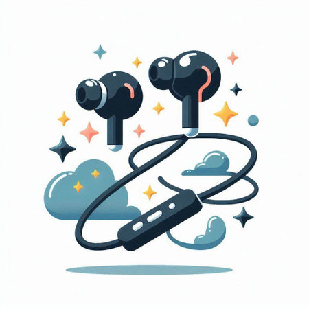 Wireless headphones in the sky with stars and clouds. Vector illustration.のイラスト素材