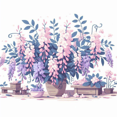 Illustration of a bouquet of pink wisteria in a pot.のイラスト素材