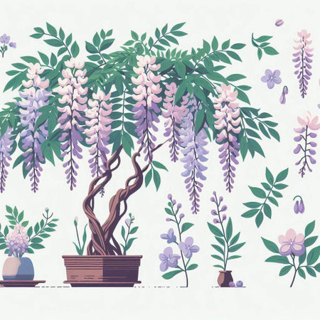 Beautiful wisteria flowers in a pot. Illustration.のイラスト素材