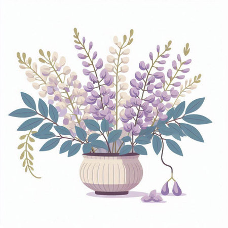 Bouquet of purple flowers in a vase. Vector illustration.のイラスト素材
