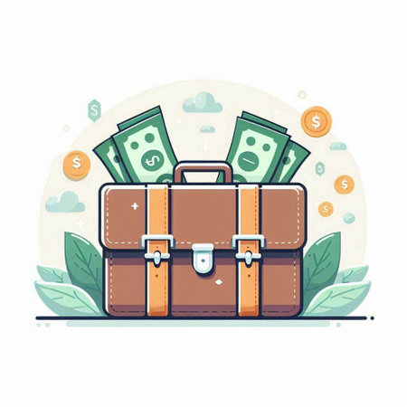 Briefcase with money and leaves on white background. Vector illustration.のイラスト素材