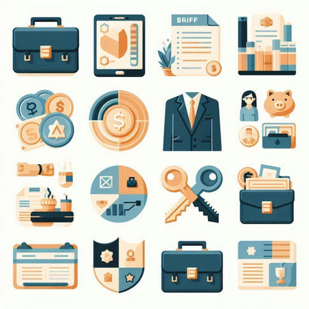 Business and finance icons set in flat style. Businessman, briefcase, wallet, piggy bank, credit card, briefcase, key, wallet, briefcase, calculator, briefcase. Vector illustrationのイラスト素材