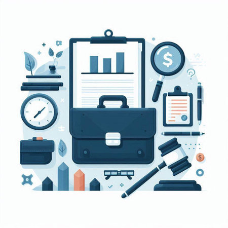 Flat design modern vector illustration concept of business and finance. Icons of office supplies, objects, tools and items.のイラスト素材