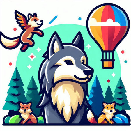 Illustration of a Cute Dog in a Forest with Hot Air Balloonのイラスト素材