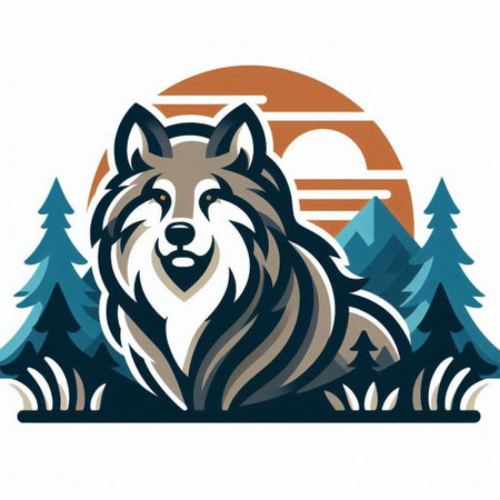 Wolf in the forest on a background of the sun. Vector illustrationのイラスト素材