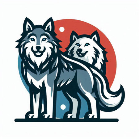 Samoyed dog. Vector illustration of a wolf with a red sun in the background.のイラスト素材