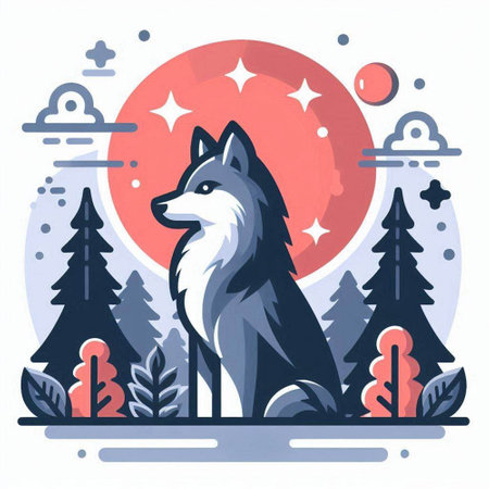 Vector illustration of a wolf in the forest on the background of the moon and stars.のイラスト素材