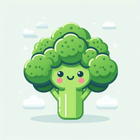 Cute happy broccoli in cartoon style. Vector illustration. Flat design.のイラスト素材