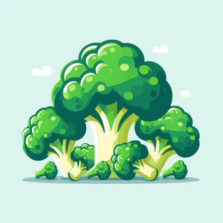Illustration of a fresh broccoli on a blue background, vector illustrationのイラスト素材