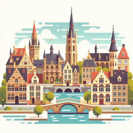 Cityscape of Amsterdam. Colorful vector illustration in flat style.のイラスト素材