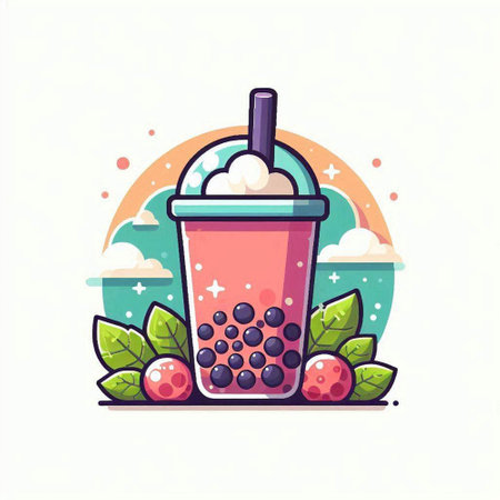 Vector illustration of blueberry smoothie in a plastic cup with a straw and berries.のイラスト素材