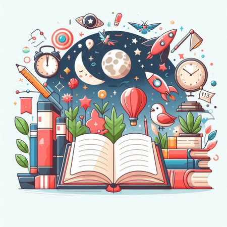 Back to school concept. Vector illustration with books, clock, rocket, globe, owl, stars, planet, pencils, pencils, bookshelf.のイラスト素材