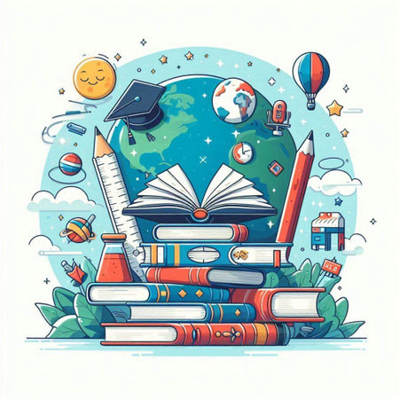 Back to school. Vector illustration of books, globe, globe and graduation cap on white background.のイラスト素材