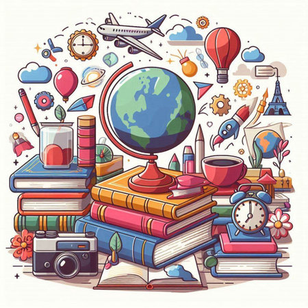 Back to school. Colorful vector illustration with books, globe, pencils, alarm clock and other items.のイラスト素材
