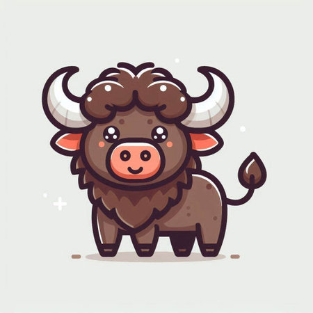Cute cartoon buffalo character vector illustration. Cute bison icon.のイラスト素材