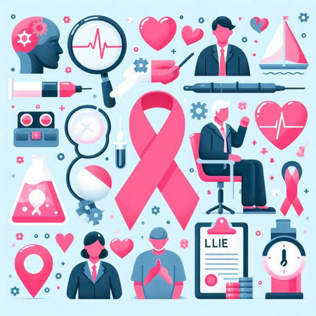 Breast Cancer Awareness Month. Vector illustration of pink ribbon on blue background.のイラスト素材