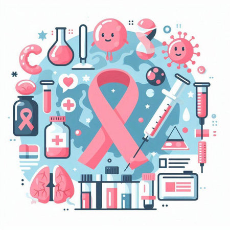 Breast Cancer Awareness. Vector illustration in flat design style. Pink ribbon, syringe, pills, medical icons.のイラスト素材