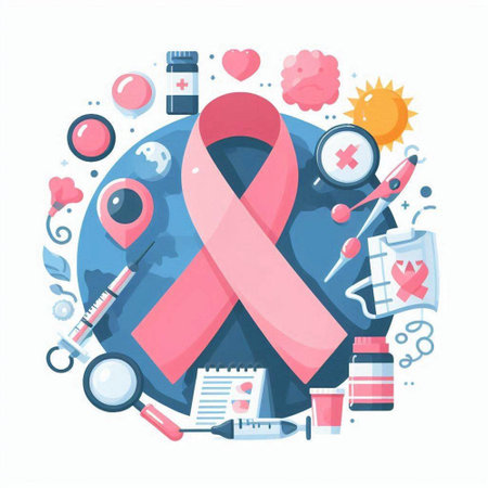 Breast cancer awareness concept. Vector illustration of pink ribbon with icons.のイラスト素材