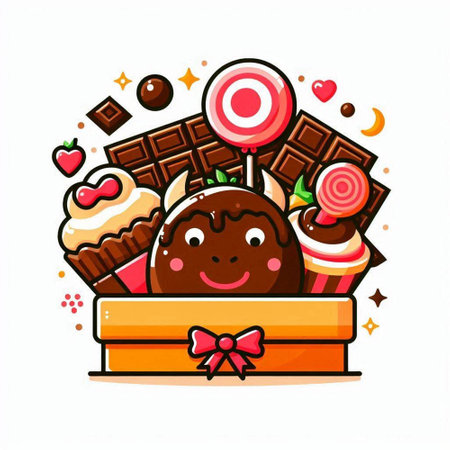Cute chocolate candies and sweets in box. Vector illustration.のイラスト素材