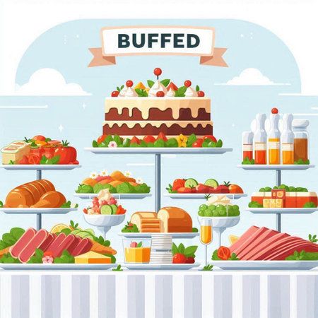 Catering buffet with food. Vector illustration in cartoon style.のイラスト素材