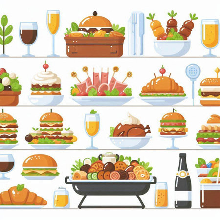 Seamless pattern with different food and drinks. Vector illustration.のイラスト素材