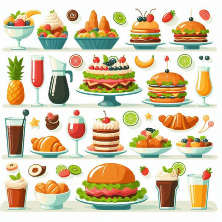Hamburger, pizza, croissant, french fries, ice cream, fruit juice. Vector illustrationのイラスト素材