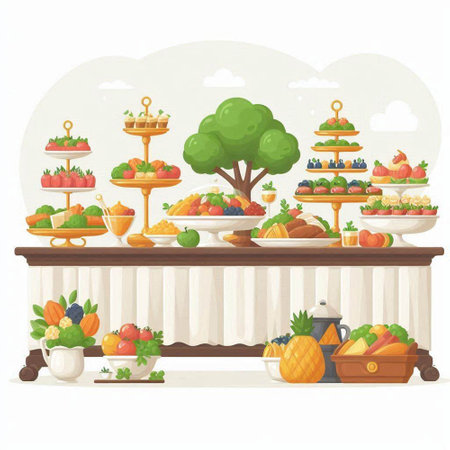Fruits and vegetables on the table in the restaurant. Vector illustrationのイラスト素材
