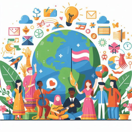 International Day of Peace. Group of people with flags, musical instruments and symbols. Vector illustrationのイラスト素材