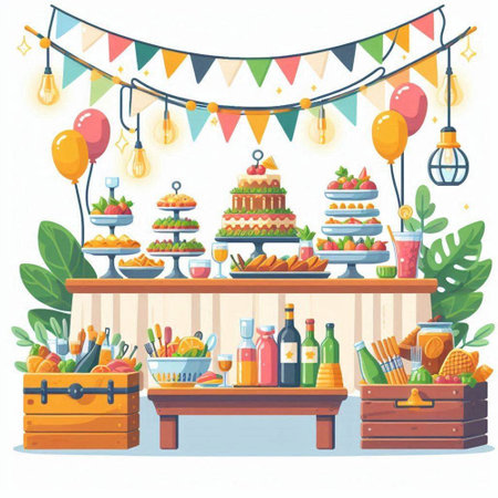 Candy bar with sweets and food. Vector illustration in cartoon styleのイラスト素材