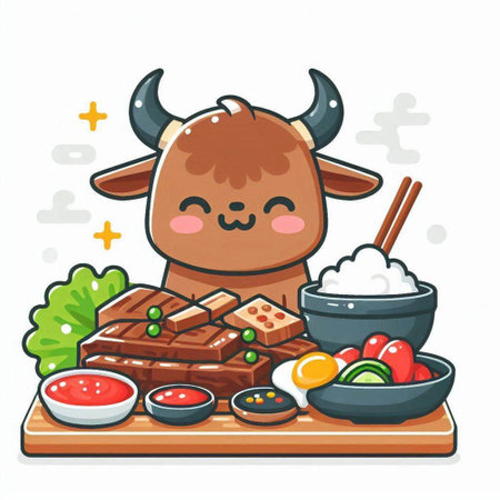 Cute cartoon cow eating sushi on wooden board. Vector illustration.のイラスト素材