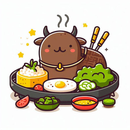 Cute kawaii cow with rice and fried egg. Vector illustration.のイラスト素材